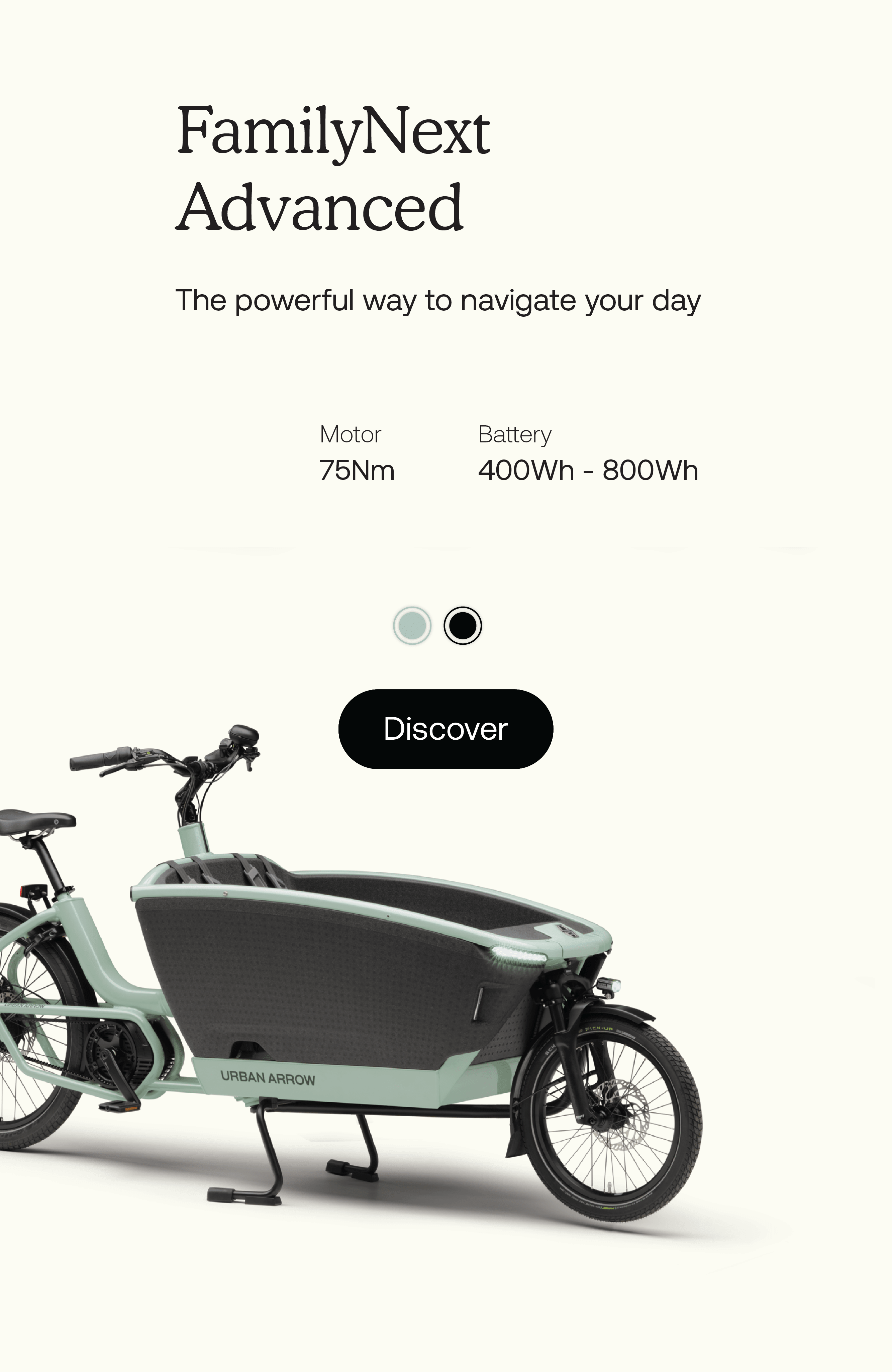 A promotional image of the FamilyNext Advanced cargo bike in pale green, featuring specifications: Motor 75Nm, Battery 545Wh. The bike has a large front storage compartment. A Discover button is included.